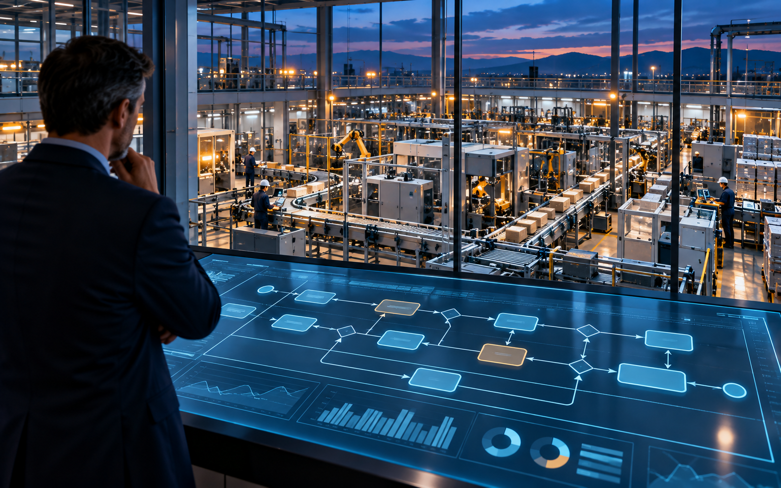Impianto industriale e diagramma dei processi su una console