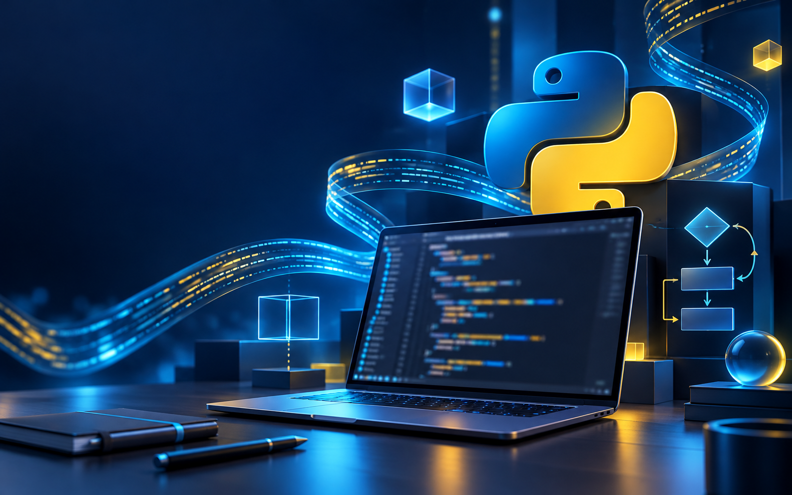 Sviluppatore al lavoro tra codice, diagrammi e verifiche
